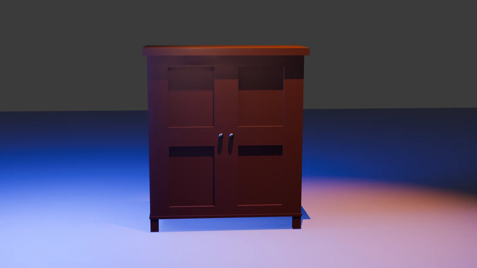 Dark wooden two-door cabinet with panelled doors and round knobs, lit in blue and orange