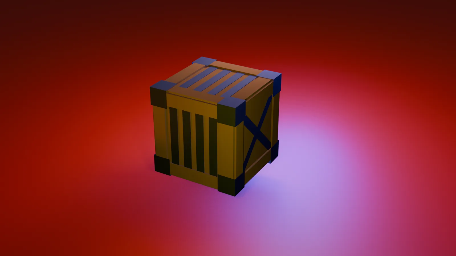 Low-poly wooden crate with dark metal corner caps and a cross-braced side, lit in red and violet