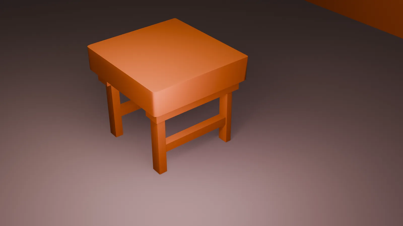 Orange low-poly wooden stool with a thick square seat and rails between its legs